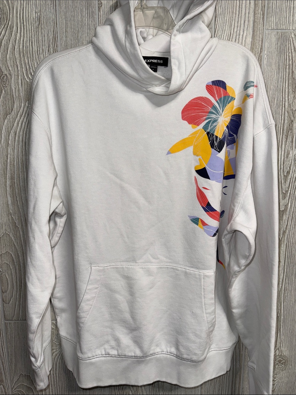 Express White Crewneck Hoodie with Multicolor Floral Graphic